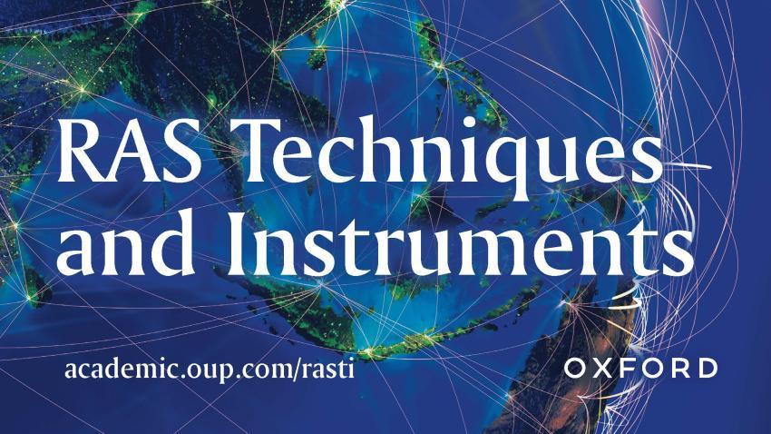 The cover of the first issue of RAS Techniques and Instruments. The background is a blue hued image of the Earth. The foreground features text reading "RAS Techniques and Instruments. academic.oup.com/rasti."