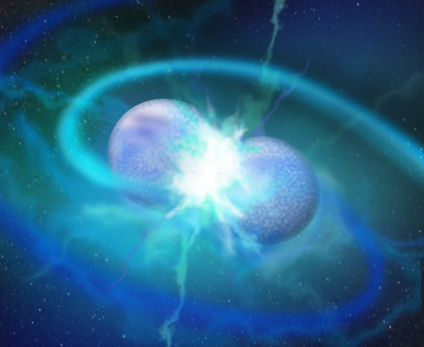 Two white-blue coloured spheres are shown merging in space, with tendrils of plasma coming from their merging point. Blue circular lines are seen extending outward from the point where the spheres meet.