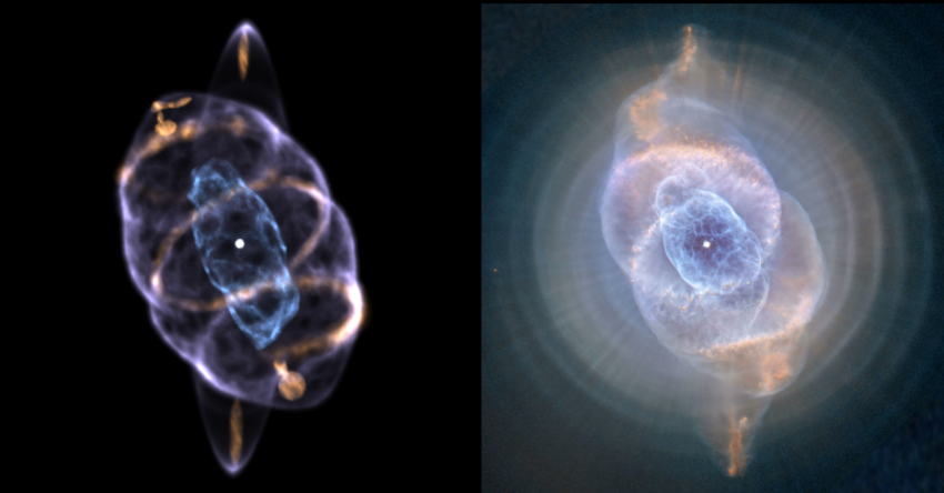 A composite image made of two images. The image on the left is a 3D model of the Cat's Eye Nebula, a nebula made of tendrils of blue and light orange hued gas. The image on the left is an image of the Cat's Eye Nebula in 2D, imaged by the Hubble Space Telescope.