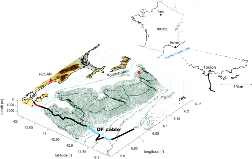 A 3D map showing a section of the seafloor overlaid with graph lines and axes aruond the edge of the seafloor.