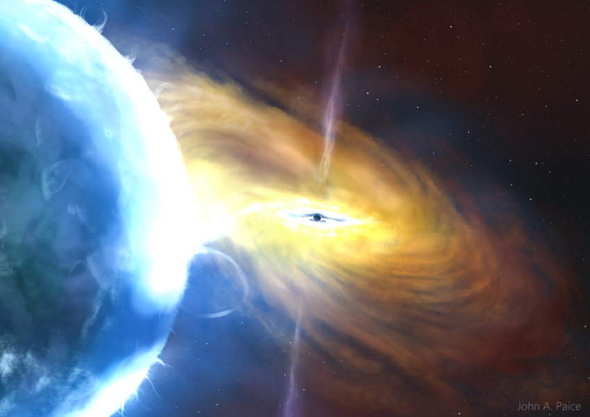 An artist's impression of a black hole accretion shows a large yellow disc shaped formation with a small black circle at the centre. The disc appears to be sucking in blue light that emanates from a blue sphere in the bottom left corner of the image.