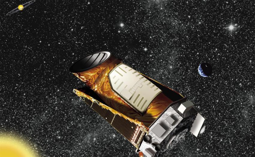 An artist's concept of the Kepler Space Telescope in space. The telescope is roughly cylindrical in shape, made of rust and silver coloured materials. Many stars can be seen in the background, as well as the Sun and Earth-Moon system.