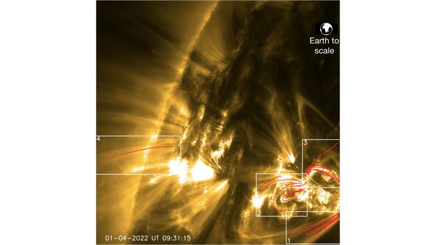 Image of the SolO view of the Sun in the EUV on 1 April 2022 showing a partial section of the Sun with gas at 1 million degrees. The Sun's surface appears yellow, gold and brown.