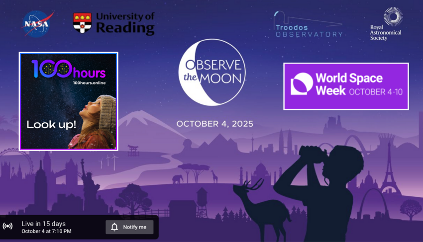 Composite image for World Space Week with a purple background and people looking up at the Moon with binoculars.