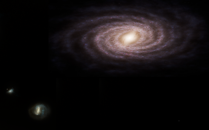 An artist’s impression of the Milky Way, with two of its satellite galaxies – the Large Magellanic Cloud and the Small Magellanic Cloud – in the bottom left.