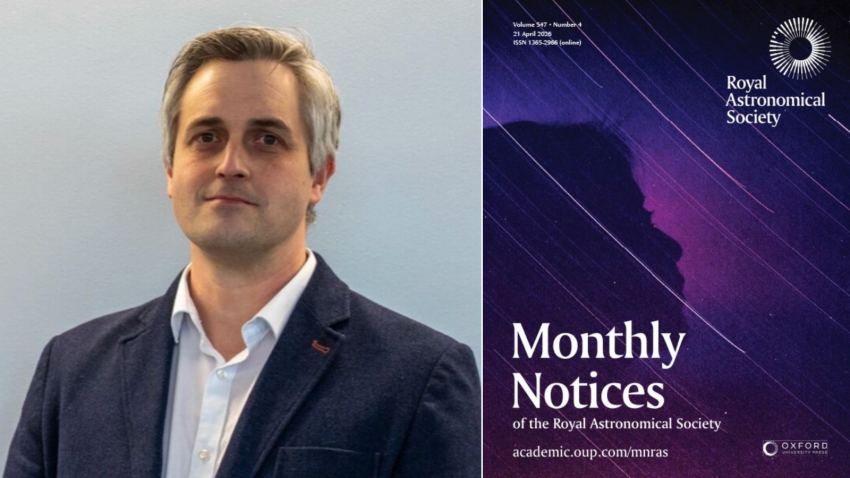 Professor Matthew Middleton alongside a cover of Monthly Notices of the Royal Astronomical Society.