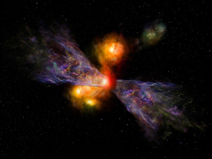An artist’s impression of the galaxy CRISTAL-02, with a huge plume of cold gas extending away from it. This plume is almost as long as the galaxy itself, which is a telltale sign that gas is being driven out of the galaxy.