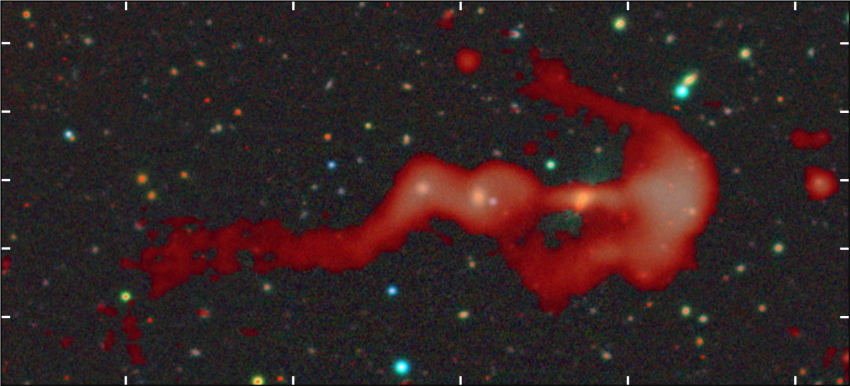 RAD-BAARG radio galaxy, with the 144 MHz radio image from the LOFAR radio telescope shown in red and the optical image from the BASS survey shown in RGB colour.