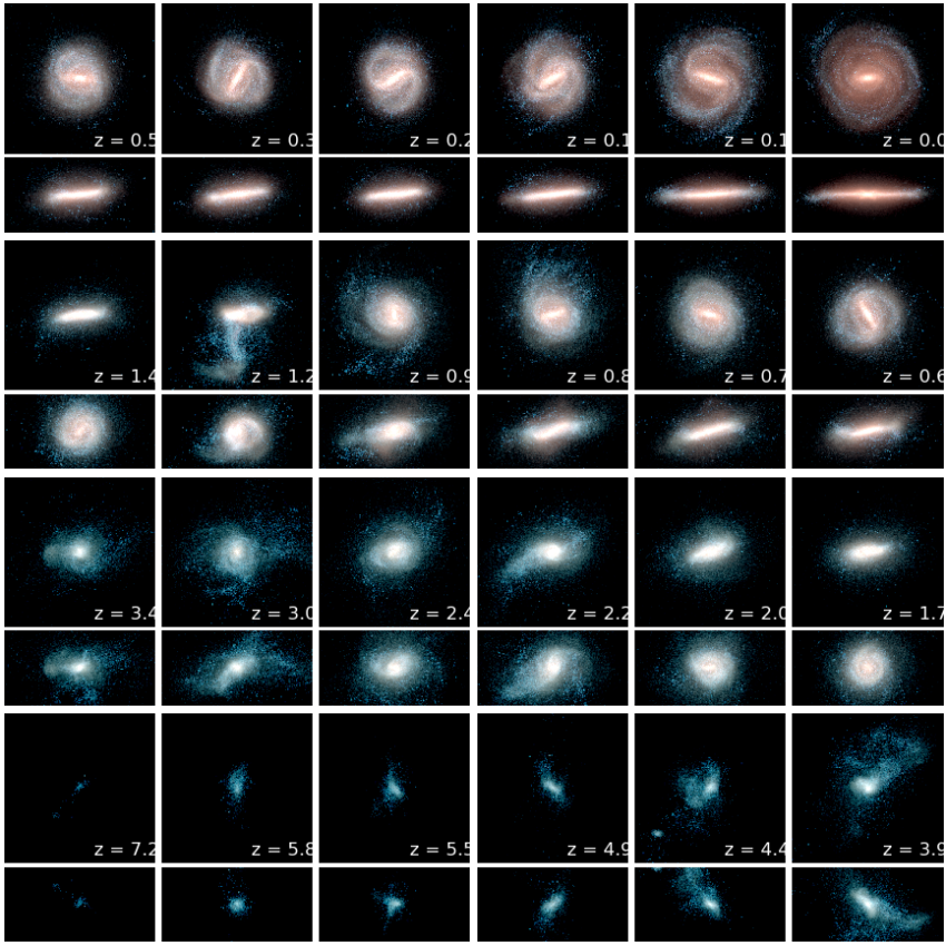 Halo 18 is an example of a galaxy that had a head-on collision (see the panel at z=1.2) and had a disc flip (you can see this by comparing the disc orientation at z=1.4 and z=0). This image and Image 2 show how these two exemplary galaxies evolve with time: each panel corresponds to a different time defined by redshift (z). Redshift is a quantity used by astronomers to measure the time in the universe, with z=0 corresponding to the present day, and larger z corresponding to earlier times. Each z has two pan