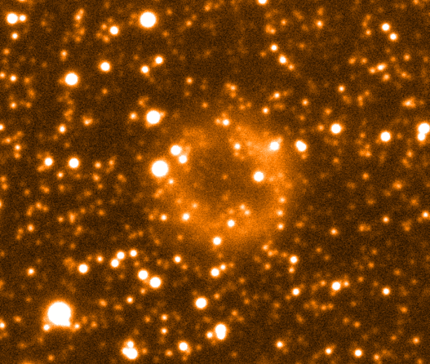 This image captures the ancient planetary nebula ejected by Sakurai's Object when the star died for the first time. The star itself is not visible, as it was captured before it began brightening again.