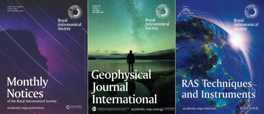 Front covers of Monthly Notices of the Royal Astronomical Society, Geophysical Journal International and RAS Techniques and Instruments.