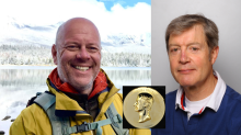 Professor John-Michael Kendall (left) and Professor Gilles Chabrier (right) have won the RAS Gold Medal (inset) for 2024.