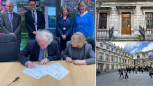 Professor Mike Edmunds, president of the Royal Astronomical Society, signs the lease agreement (left) for Burlington House (right).