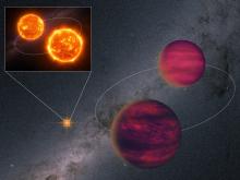 An artist's impression of the UPM J1040−3551 system against the backdrop of the Milky Way as observed by Gaia.