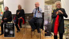 Sir Brian May (right) is joined by RAS Council member Professor Derek Ward-Thompson and J-P Metsavainio for the launch of their new book Islands in Infinity: Galaxies 3-D.