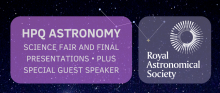 Space background with floating coloured squares with text inside and the RAS logo